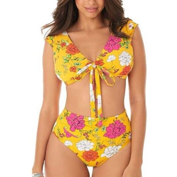Skinny‎ Dippers by Miraclesuit Swimsuit M/L Floral Bikini Tie Back Swim Yellow - Picture 1 of 11
